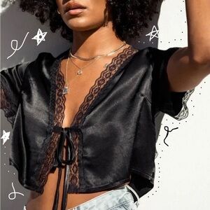 Princess Polly Black Satin Lace-Trim Tie Front Crop Top